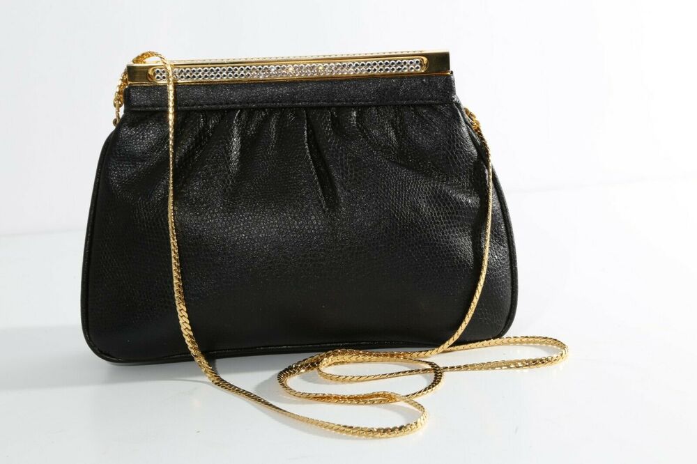 Vintage Black Snake Print Pebbled Leather Chain Crossbody Clutch Shoulder Bag